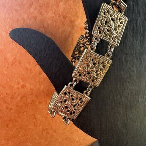 Vintage Panel Bracelet Gold Tone Filigree Etruscan Revival Foldover Clasp 7 Inch